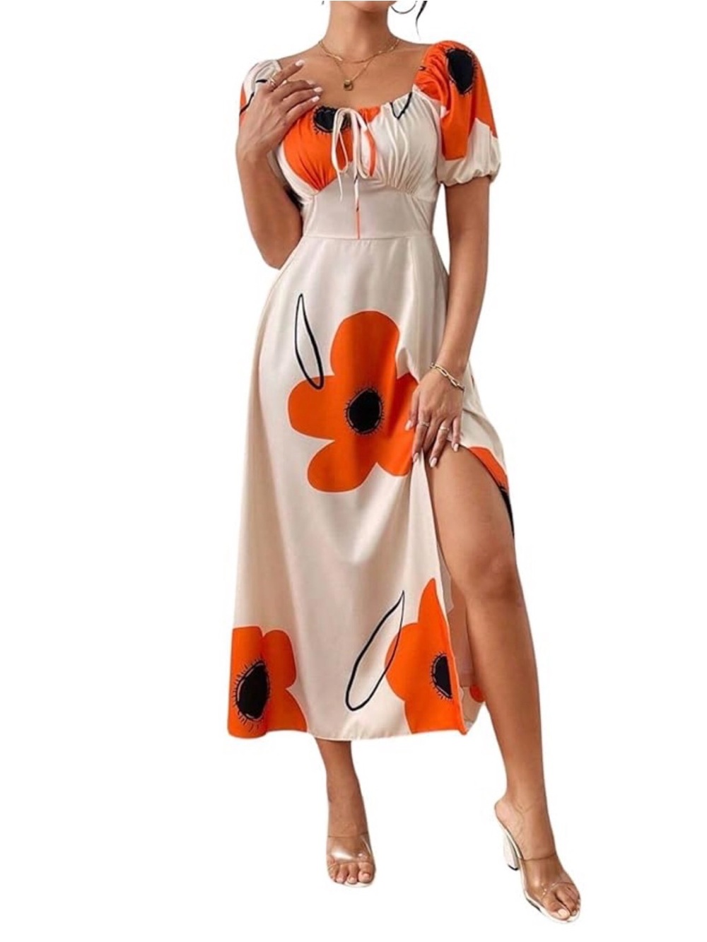 SHEIN Floral Cottagecore Maxi Dress Puff Sleeve Side Slit Size 4